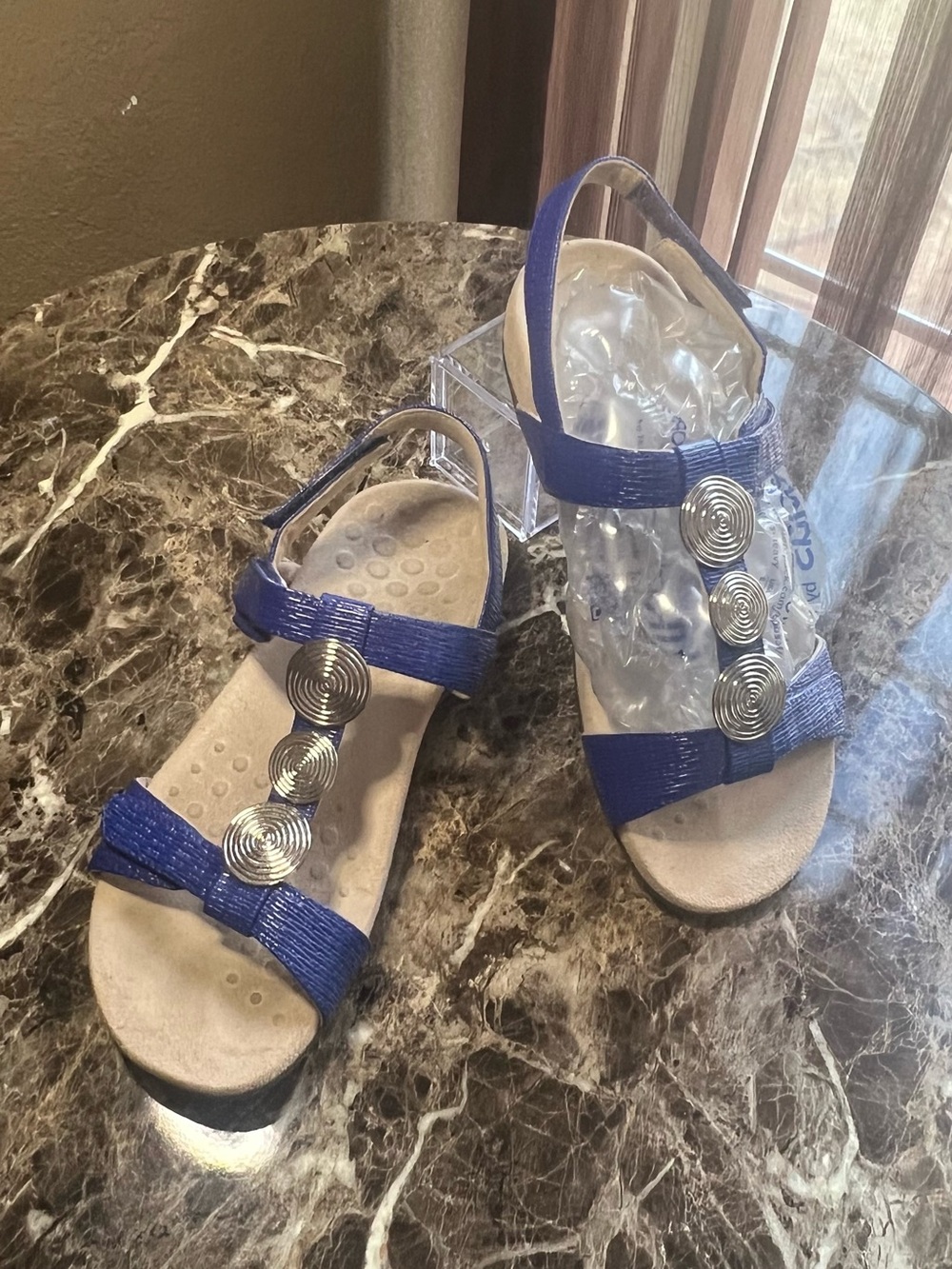 Blue Vionic Women's Sandals with Silver Spiral Accents